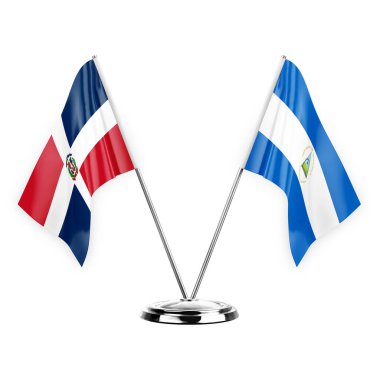 Two table flags isolated on white background 3d illustration, dominican republic and nicaragua