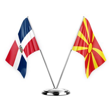 Two table flags isolated on white background 3d illustration, dominican republic and north macedonia