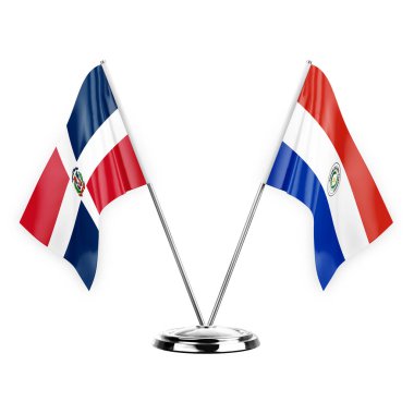 Two table flags isolated on white background 3d illustration, dominican republic and paraguay