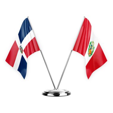 Two table flags isolated on white background 3d illustration, dominican republic and peru