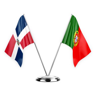 Two table flags isolated on white background 3d illustration, dominican republic and portugal