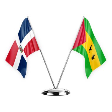 Two table flags isolated on white background 3d illustration, dominican republic and sao tome and principe