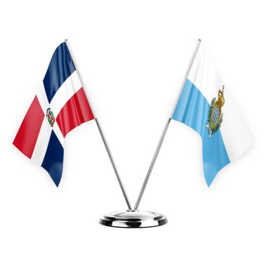 Two table flags isolated on white background 3d illustration, dominican republic and san marino