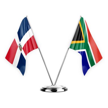Two table flags isolated on white background 3d illustration, dominican republic and south africa