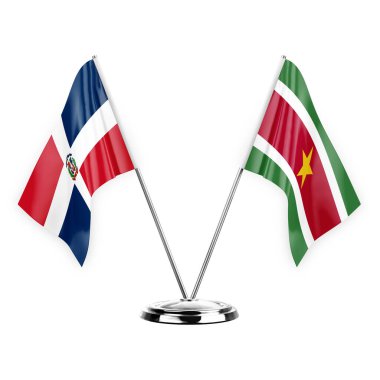 Two table flags isolated on white background 3d illustration, dominican republic and suriname