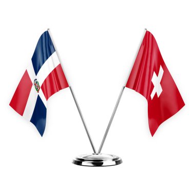 Two table flags isolated on white background 3d illustration, dominican republic and switzerland