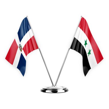 Two table flags isolated on white background 3d illustration, dominican republic and syria