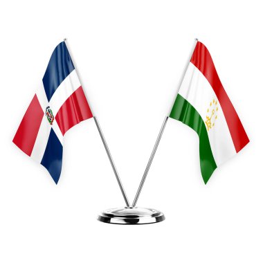 Two table flags isolated on white background 3d illustration, dominican republic and tajikistan