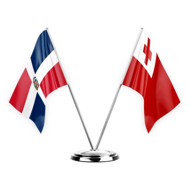Two table flags isolated on white background 3d illustration, dominican republic and tonga