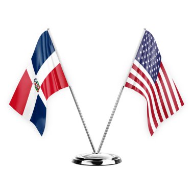 Two table flags isolated on white background 3d illustration, dominican republic and usa