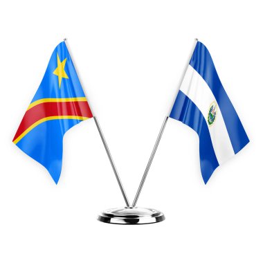 Two table flags isolated on white background 3d illustration, dr congo and el salvador