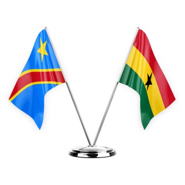 Two table flags isolated on white background 3d illustration, dr congo and ghana