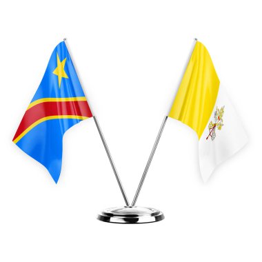 Two table flags isolated on white background 3d illustration, dr congo and holy see