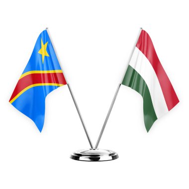 Two table flags isolated on white background 3d illustration, dr congo and hungary
