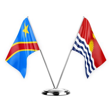 Two table flags isolated on white background 3d illustration, dr congo and kiribati