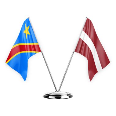 Two table flags isolated on white background 3d illustration, dr congo and latvia