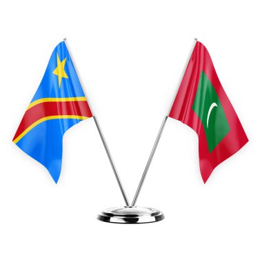 Two table flags isolated on white background 3d illustration, dr congo and maldives