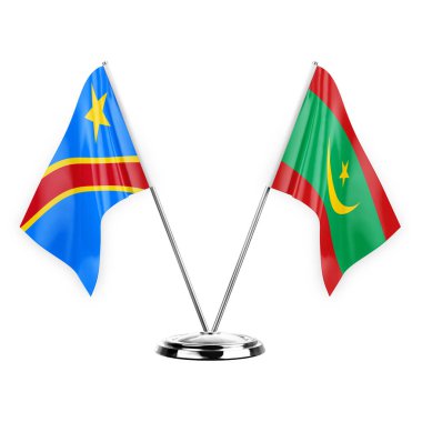 Two table flags isolated on white background 3d illustration, dr congo and mauritania