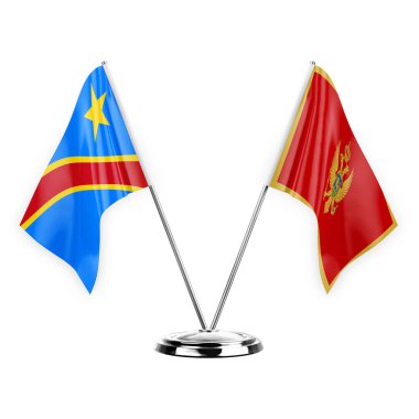 Two table flags isolated on white background 3d illustration, dr congo and montenegro