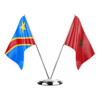 Two table flags isolated on white background 3d illustration, dr congo and morocco