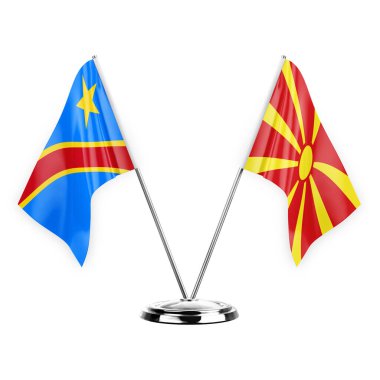 Two table flags isolated on white background 3d illustration, dr congo and north macedonia
