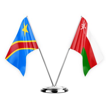 Two table flags isolated on white background 3d illustration, dr congo and oman