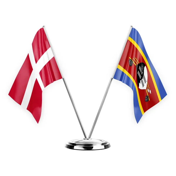Два Столові Прапори Ізольовані Білому Тлі Ілюстрація Денмарк Есватіні — стокове фото