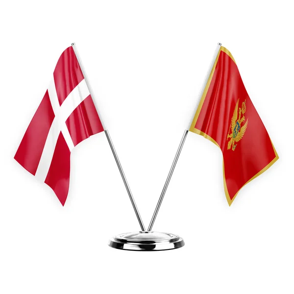 白の背景の3Dイラスト デンマークとモンテネグロに隔離された2つのテーブルフラグ — ストック写真