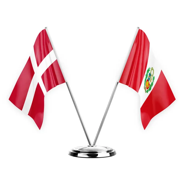 白の背景の3Dイラスト デンマークとペルーに隔離された2つのテーブルフラグ — ストック写真