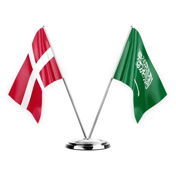 白い背景の3Dイラスト デンマークとサウジアラビアに隔離された2つのテーブルフラグ — ストック写真