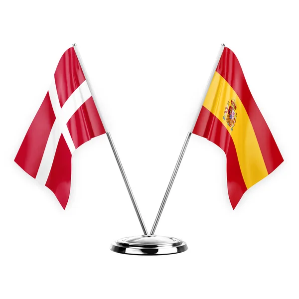 白い背景の3Dイラスト デンマークとスペインに隔離された2つのテーブルフラグ — ストック写真