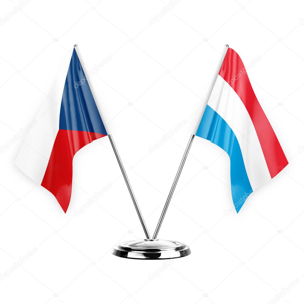 Two table flags isolated on white background 3d illustration, czechia and luxembourg