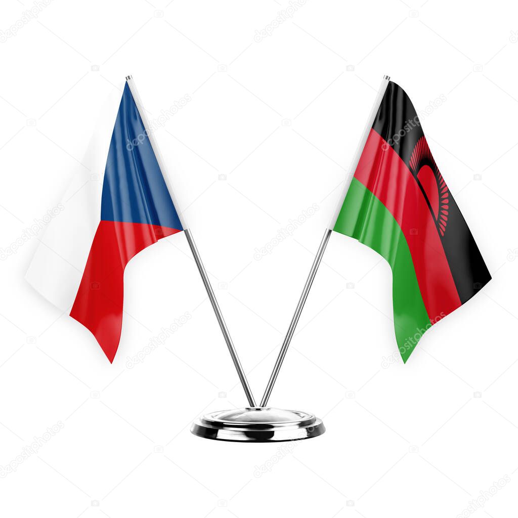 Two table flags isolated on white background 3d illustration, czechia and malawi
