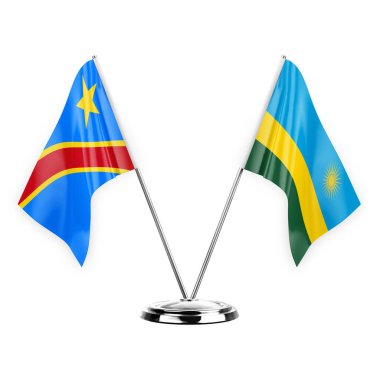 Two table flags isolated on white background 3d illustration, dr congo and rwanda