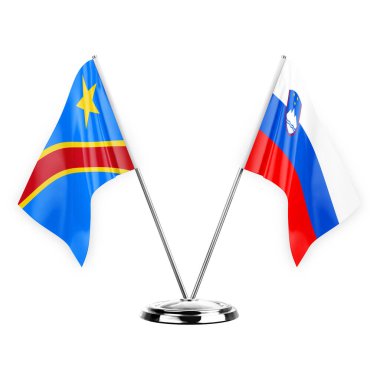Two table flags isolated on white background 3d illustration, dr congo and slovenia