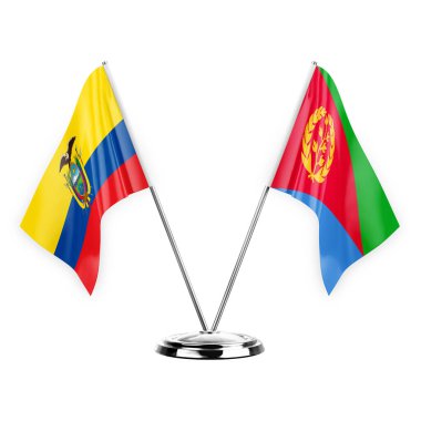 Two table flags isolated on white background 3d illustration, ecuador and eritrea