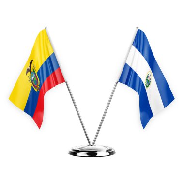 Two table flags isolated on white background 3d illustration, ecuador and el salvador