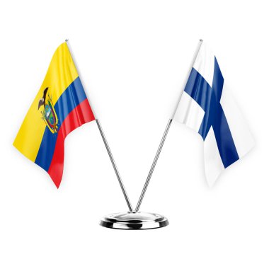 Two table flags isolated on white background 3d illustration, ecuador and finland