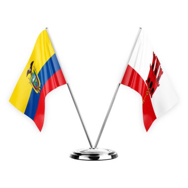 Two table flags isolated on white background 3d illustration, ecuador and gibraltar