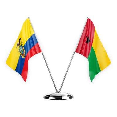 Two table flags isolated on white background 3d illustration, ecuador and guinea-bissau
