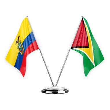 Two table flags isolated on white background 3d illustration, ecuador and guyana