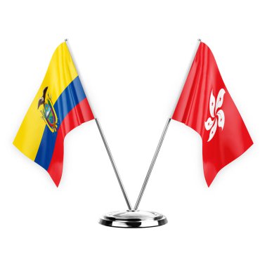 Two table flags isolated on white background 3d illustration, ecuador and hong kong