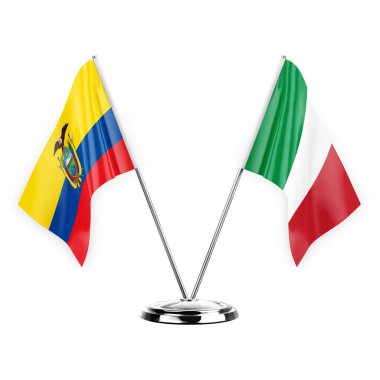 Two table flags isolated on white background 3d illustration, ecuador and italy