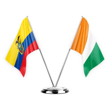 Two table flags isolated on white background 3d illustration, ecuador and ivory coast