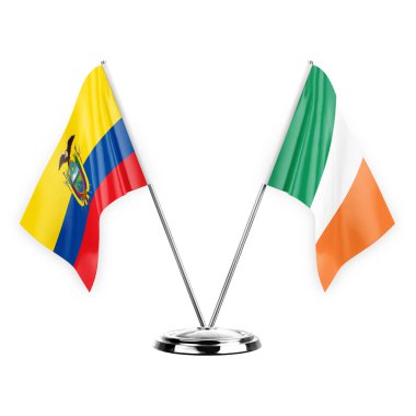 Two table flags isolated on white background 3d illustration, ecuador and ireland