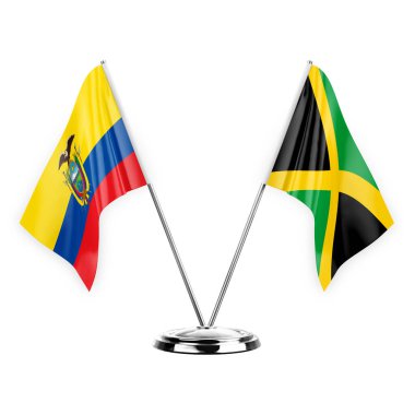 Two table flags isolated on white background 3d illustration, ecuador and jamaica