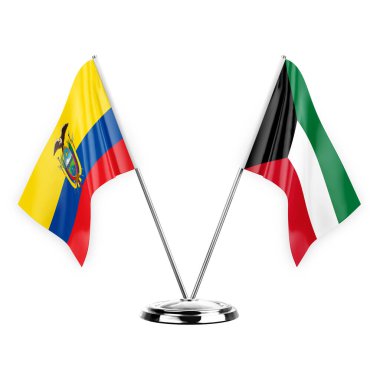 Two table flags isolated on white background 3d illustration, ecuador and kuwait