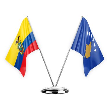 Two table flags isolated on white background 3d illustration, ecuador and kosovo