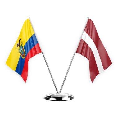 Two table flags isolated on white background 3d illustration, ecuador and latvia
