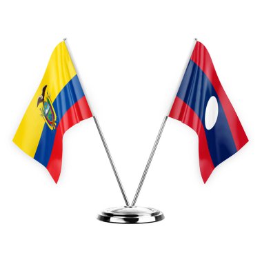 Two table flags isolated on white background 3d illustration, ecuador and laos